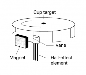 Diagram showing the working principle of Hall-effect vane sensors with a rotating cup target, vane, magnet, and Hall element.