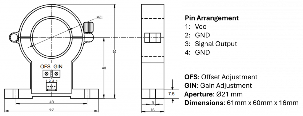 Technical diagram of the CYHCT-L21K Hall-effect current transducer showing mechanical dimensions, 21 mm aperture, and pin arrangement including Vcc, GND, signal output, offset, and gain adjustment.