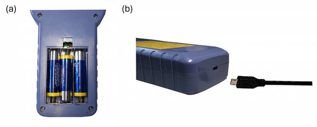 CYGM99A digital gaussmeter showing two power supply methods: (a) internal battery compartment with installed batteries and (b) micro-USB connection for external power via USB adapter.