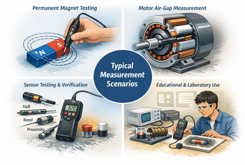Conceptual illustration showing typical measurement scenarios of the CYGM99A gaussmeter, including permanent magnet characterization, motor air-gap magnetic field measurement, magnetic sensor testing and verification, and educational laboratory use.