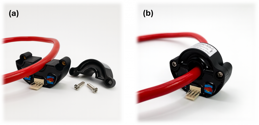 Split-core Hall-effect current sensor opened around a cable, demonstrating non-intrusive installation without disconnecting the primary conductor.