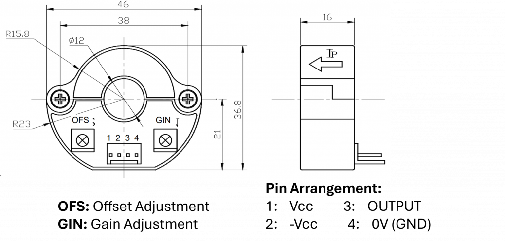 Technical diagram of the CYHCS-EKC split-core Hall-effect current sensor showing mechanical dimensions, Ø12 mm window aperture, mounting screw holes, offset (OFS) and gain (GIN) adjustment potentiometers, and the 4-pin connector with pin assignments for Vcc, –Vcc, Output, and GND.