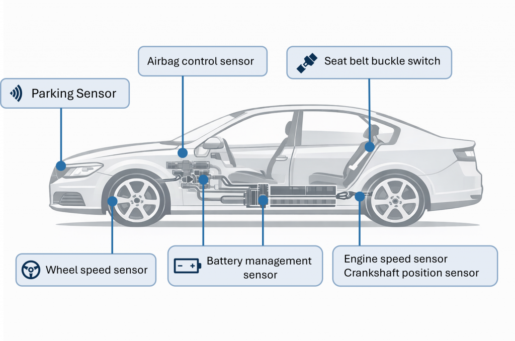 Side-view automotive system diagram illustrating typical integration areas for Hall Effect sensors including drivetrain, power electronics, and safety-related systems