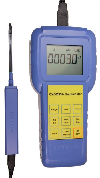 CYGM99A digital gaussmeter with connected Hall probe, showing the handheld instrument, probe cable, Hall probe tip, display, control buttons, USB port, and Micro-USB power interface.