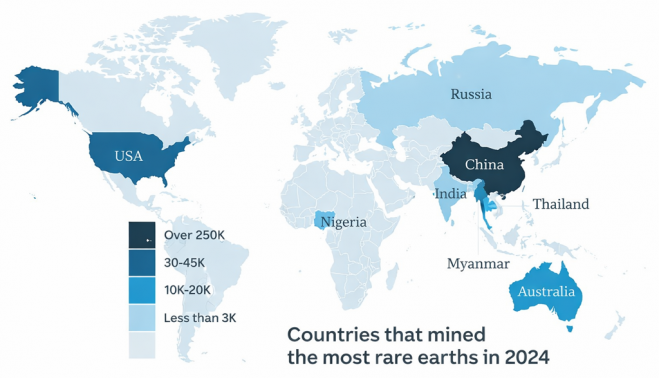 World map illustrating the global distribution of rare earth element (REE) mine production in 2024, highlighting major producing countries such as China, USA, Australia, Russia, India, and Myanmar, with color-coded intensity indicating production volume levels.