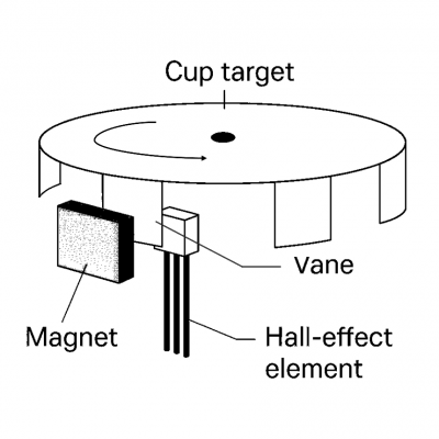 Diagram showing the working principle of Hall-effect vane sensors with a rotating cup target, vane, magnet, and Hall element.