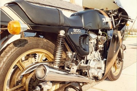 Ducati 900 SS classic motorcycle, side view of the engine and exhaust.