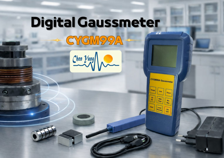 Digital Gaussmeter CYGM99A by ChenYang Technologies on an industrial laboratory workbench, measuring magnetic fields from different magnet shapes, with probe, power adapter, and visible magnetic field lines.